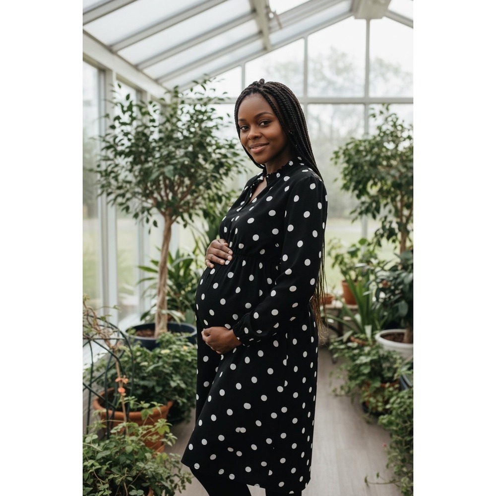 Maternity Polka Dot Midi Dress Black‎ White Long Sleeve Medium Pretty Mama Shiek